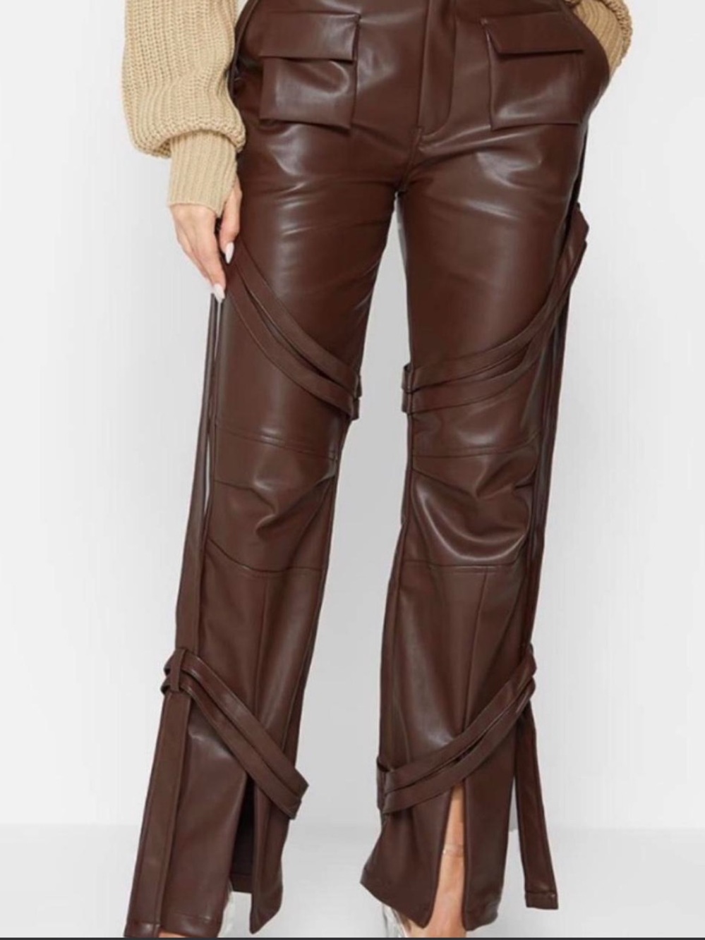 Maniere De Voir Chocolate Brown Faux-Leather Wide Leg Strap Pants
